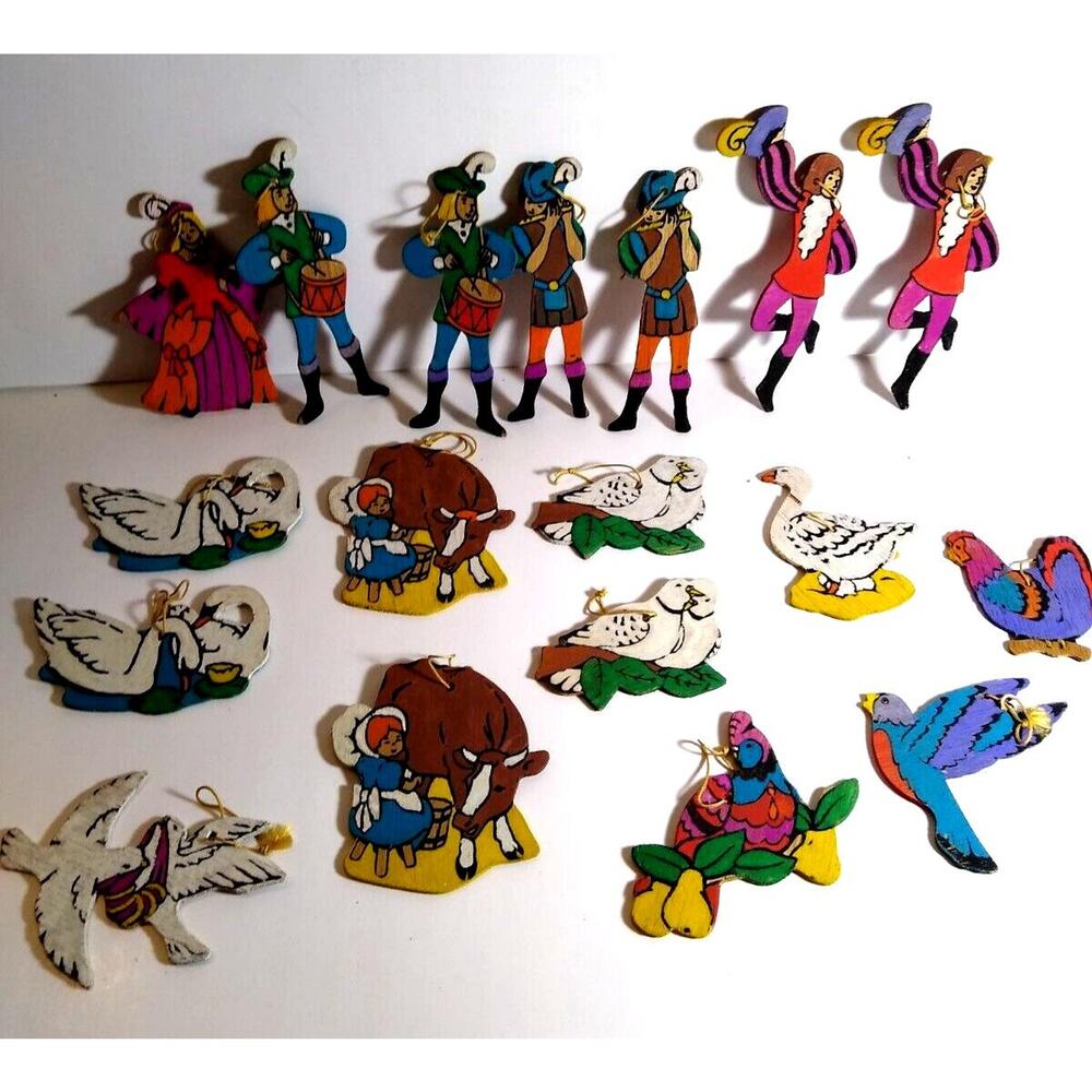 Vintage Wood Christmas Ornaments People Animals Double Sided Painted Lot Of 18